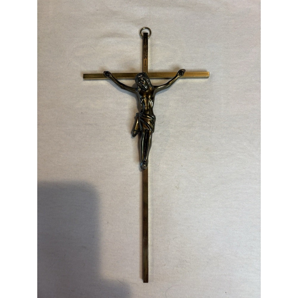 Vintage Brass Gold Religious Cross Jesus Crucified Slim Crucifix INRI 10 Inch